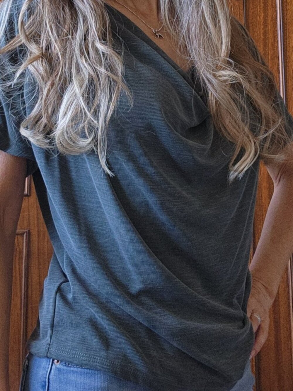 Green Envelope Draped Cowl Neck Blouse